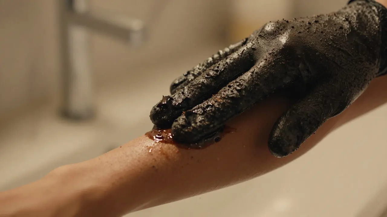 Close-up of a Kessa glove and black soap being used for skin exfoliation