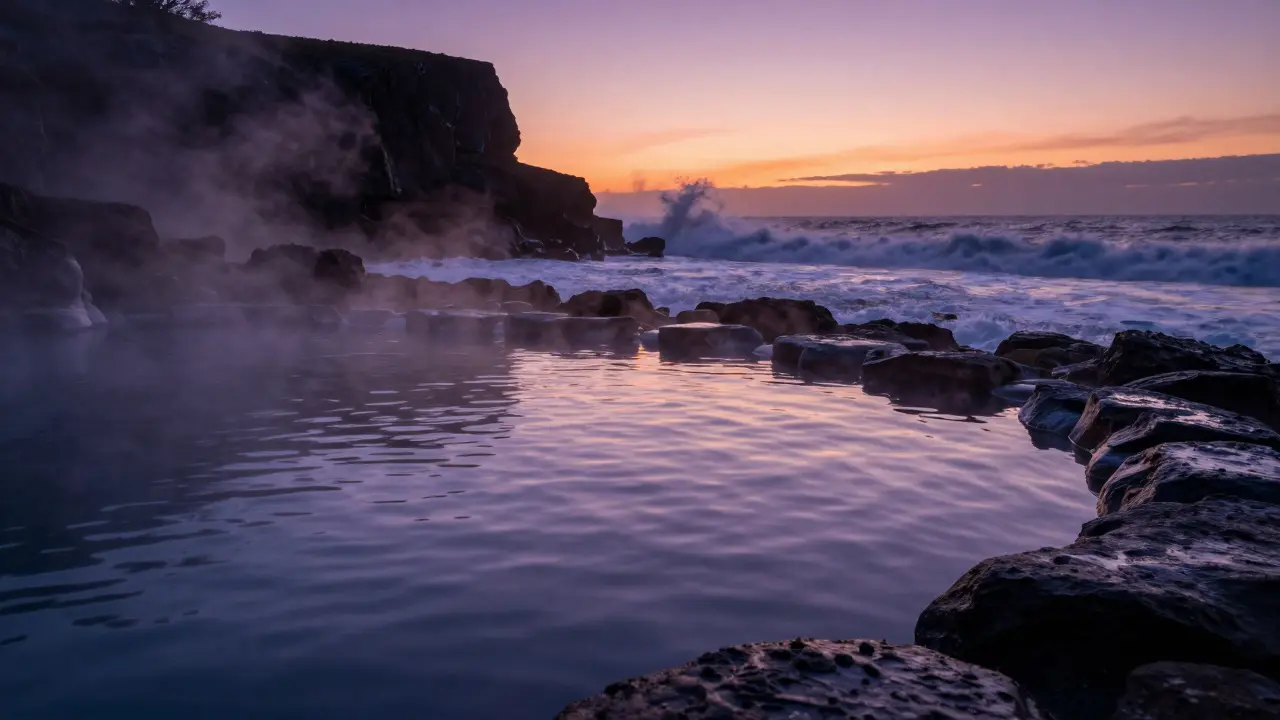 Steaming natural rock pools of the Esalen mineral springs overlooking the ocean at twilight.