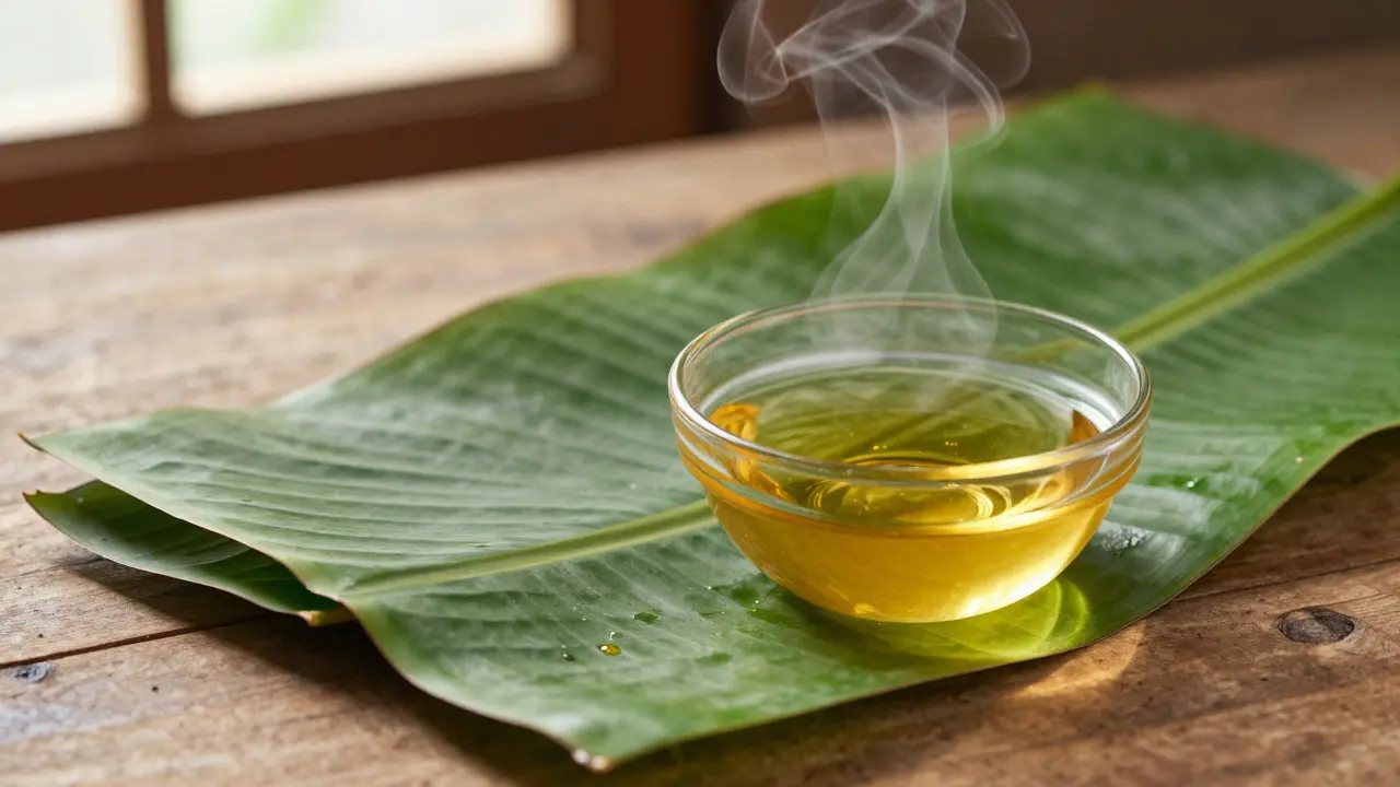 Warm virgin coconut oil and steamed green banana leaves on a rustic wooden surface