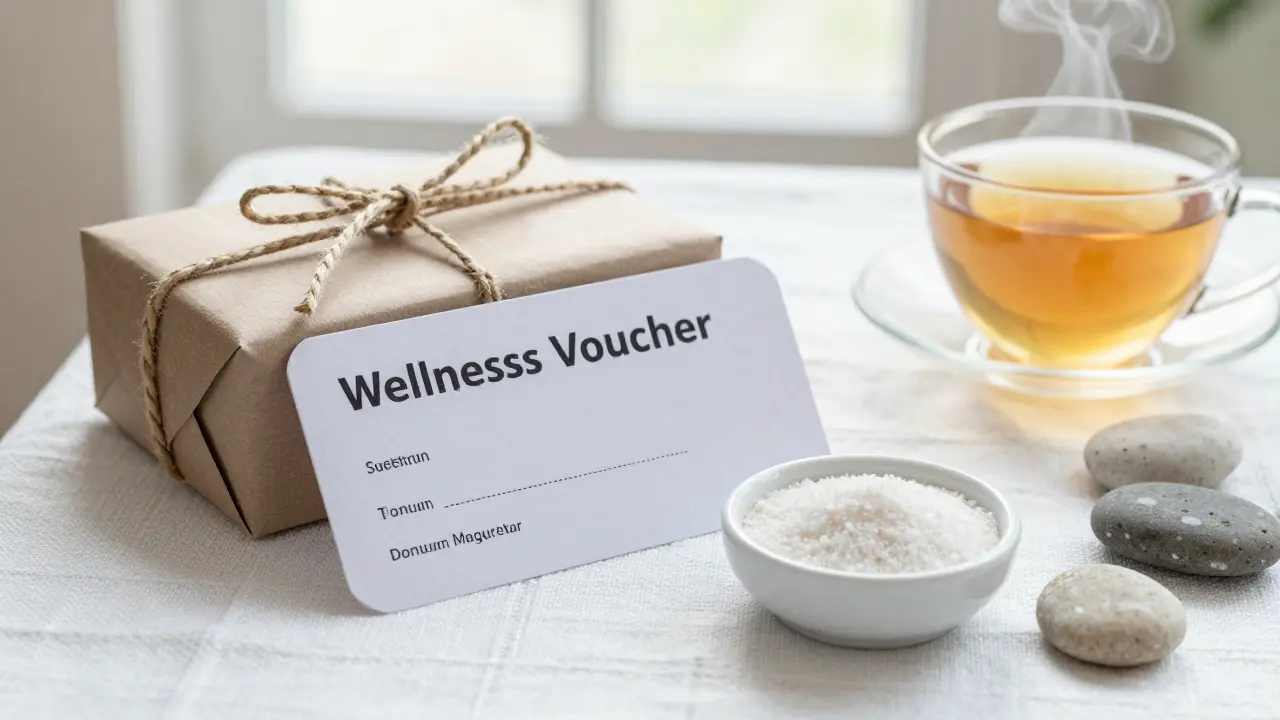 Wellness gift set with a voucher, magnesium flakes, and tea
