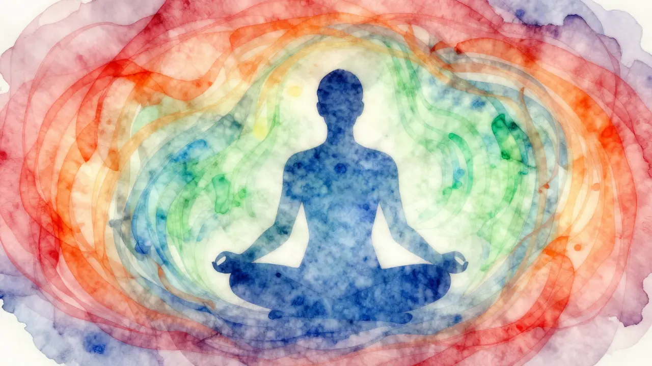 Abstract art depicting stress turning into calm energy around a meditating person.