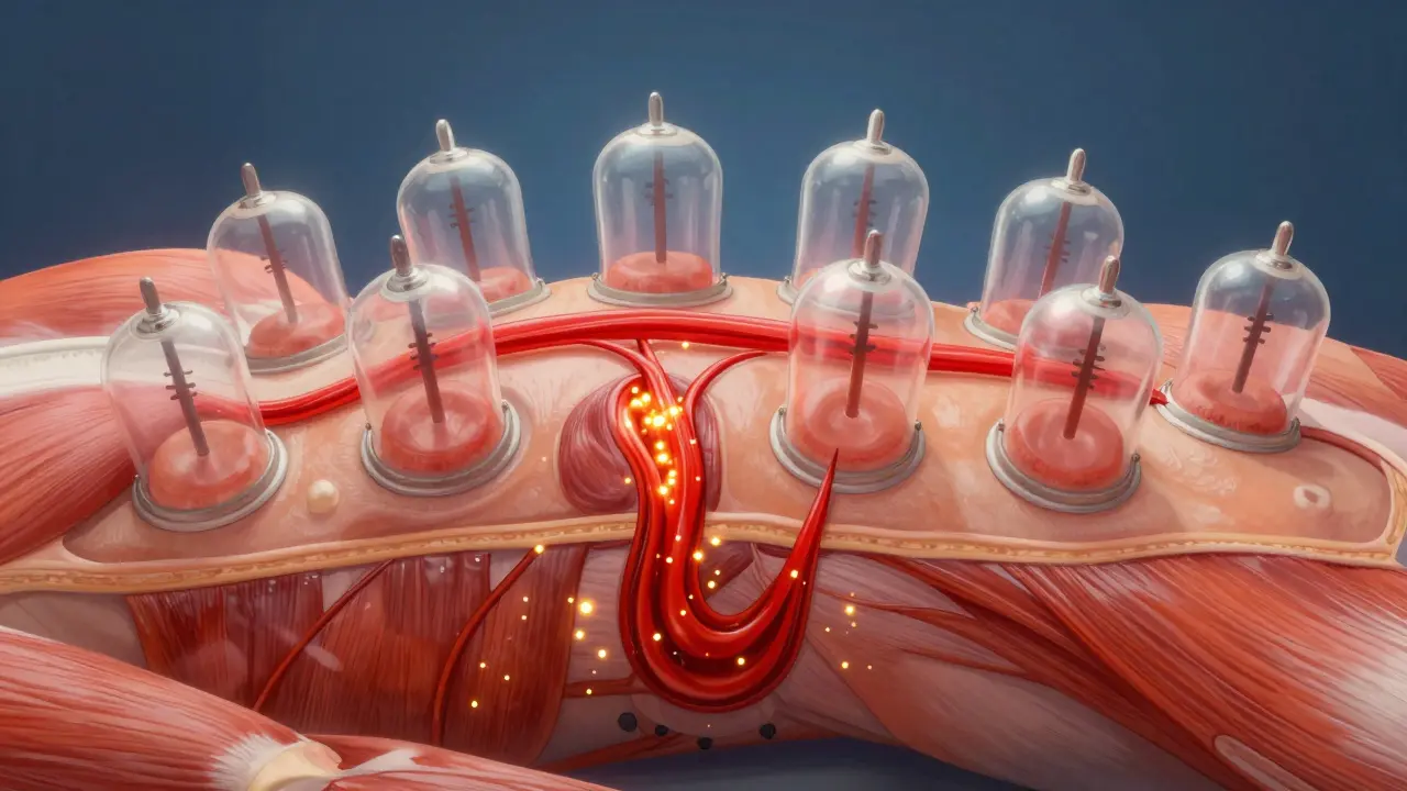 Artistic depiction of blood flow and fascia release during cupping