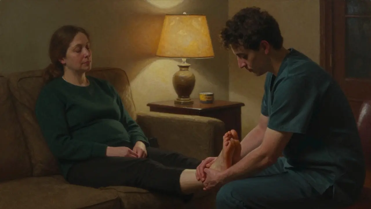 Caregiver relaxing while receiving a gentle foot massage at home