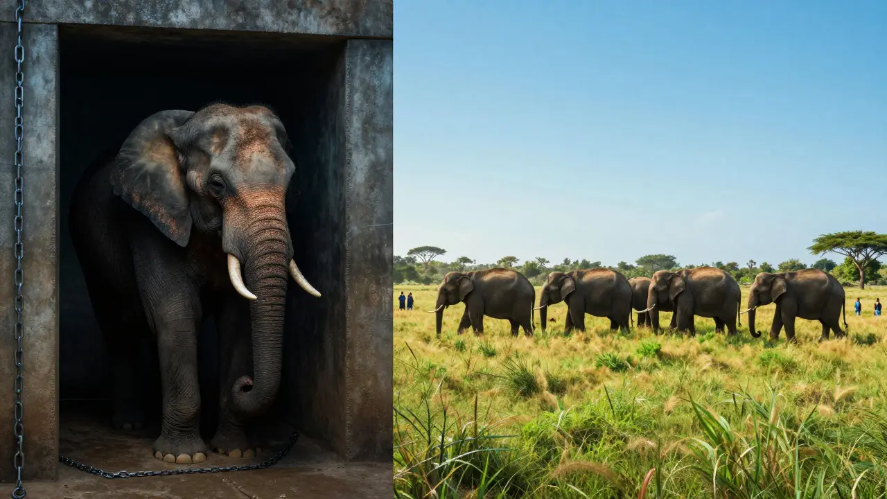 Contrast between a chained elephant in confinement and free-roaming herds in a sanctuary