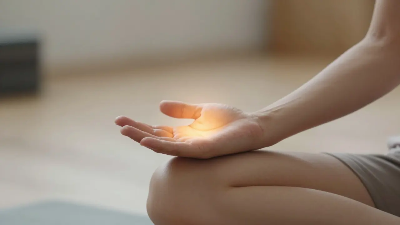 Hands resting gently on knees during meditation with warm glowing aura