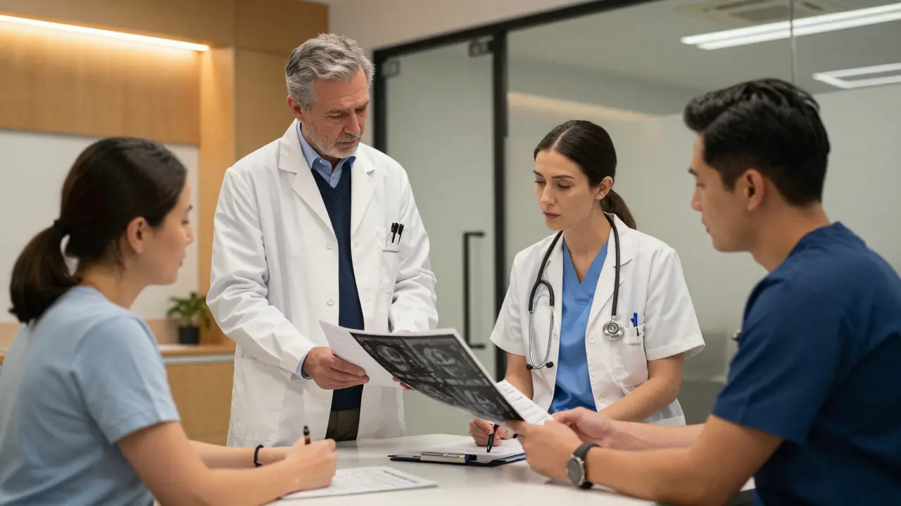 Healthcare professionals discussing a patient's treatment plan in a clinic