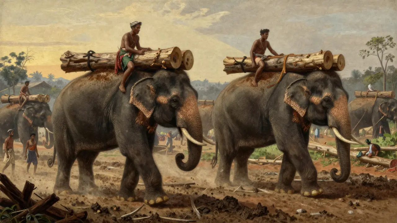 Historical illustration of mahouts and elephants working together in a logging camp