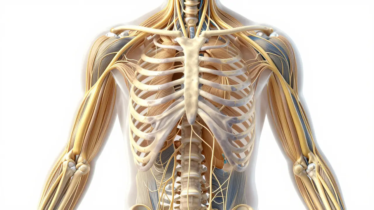Illustration of human fascial network and skeletal alignment