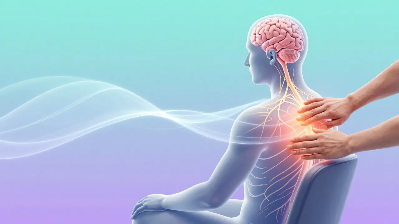 Illustration of light waves traveling up nerves to relieve pain