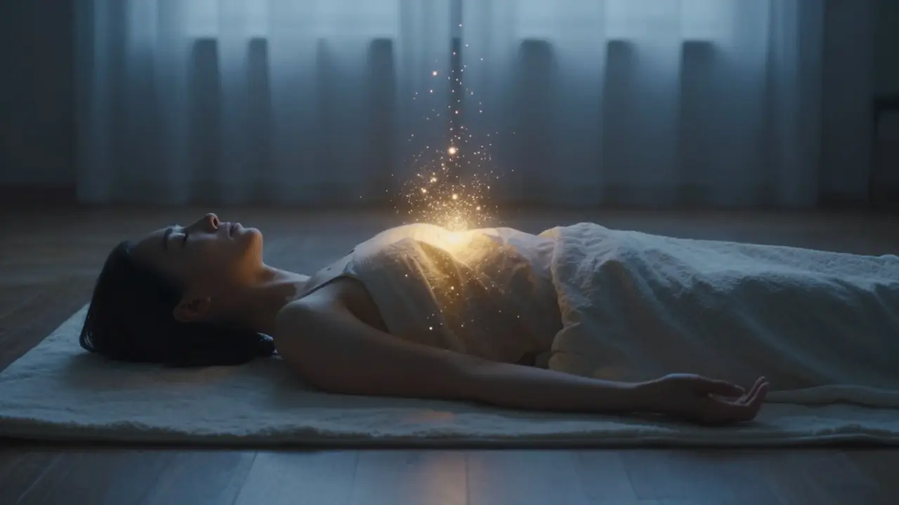 Person in deep relaxation pose with soft light radiating from heart center