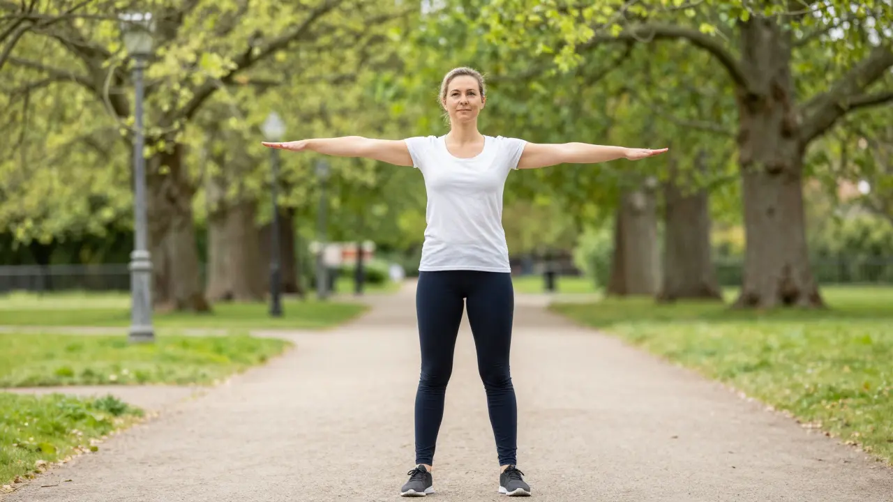 Person stretching outdoors with improved posture and vitality