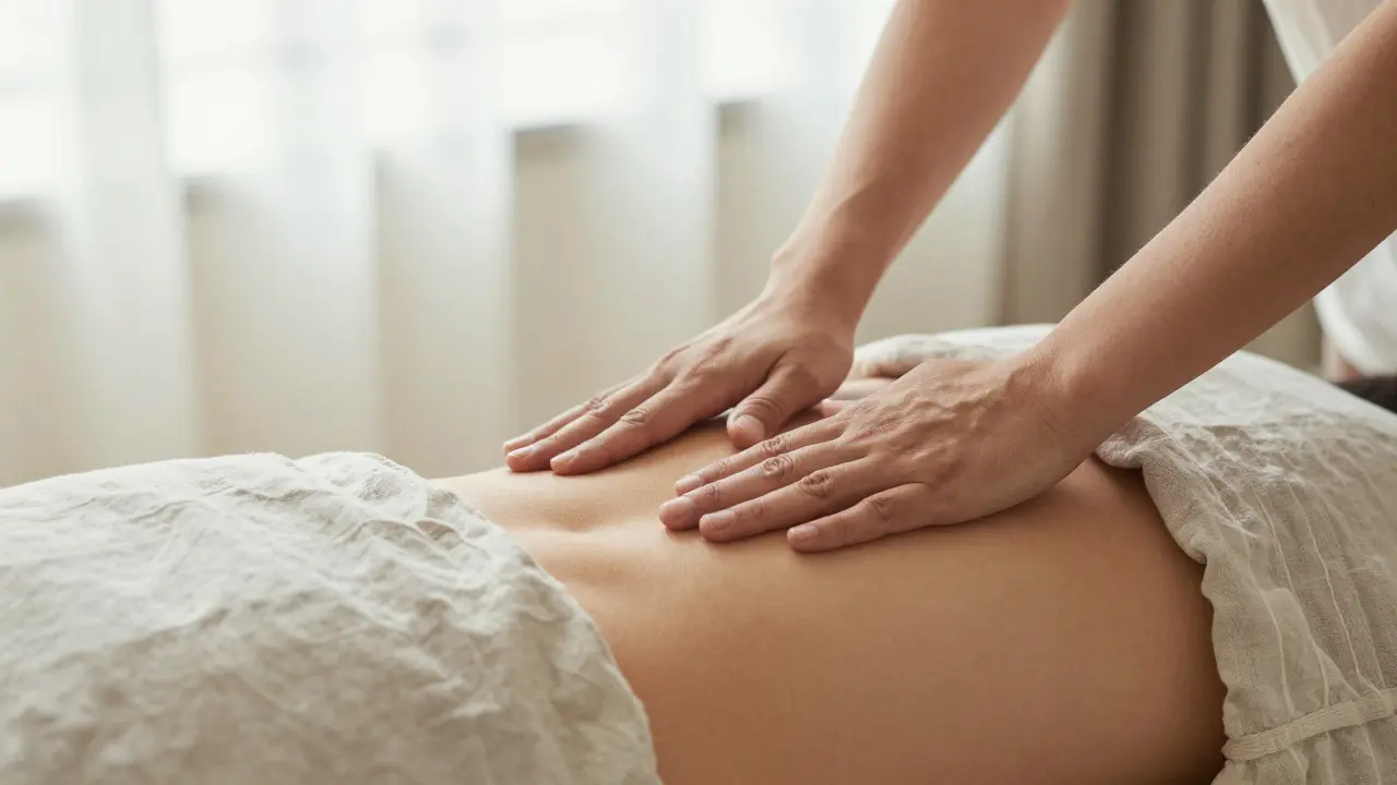 Practitioner's hands lightly hovering over a fully clothed client during therapy.