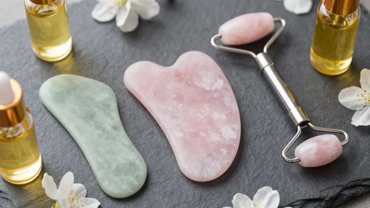 Rose quartz, jade, and steel gua sha tools with facial oils