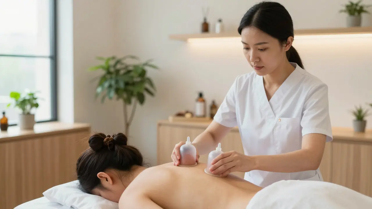 Therapist applying silicone cups to a client's back in a clinic