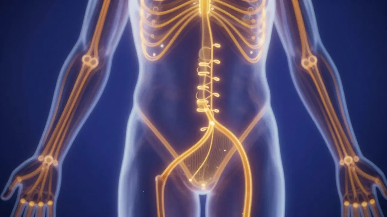 Abstract illustration of glowing golden energy lines flowing through the body