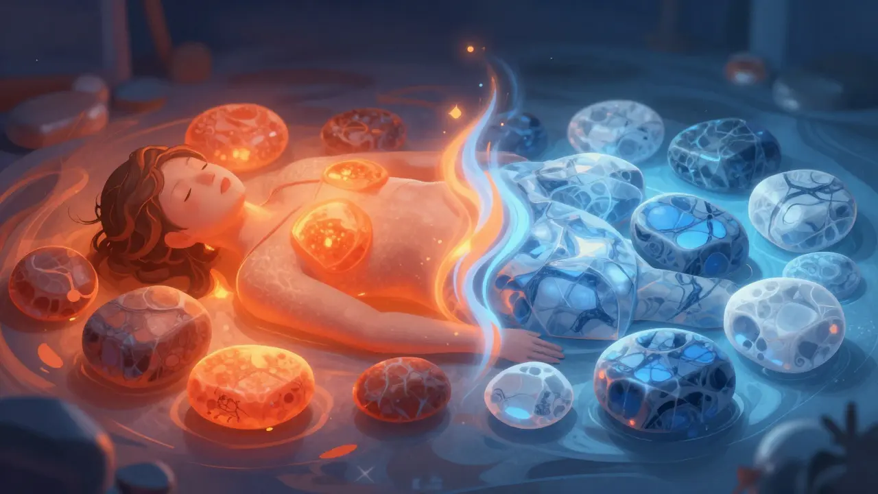 Artistic representation of hot and cold stone therapy balancing energy and circulation