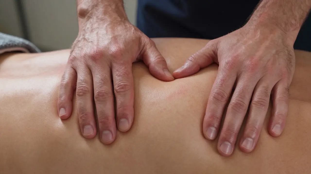 Close-up of hands performing deep tissue massage on shoulder