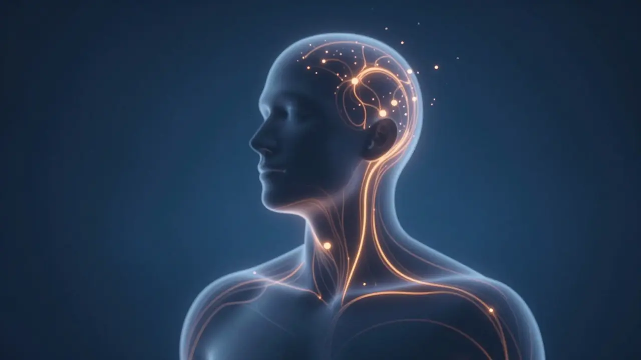 Conceptual art showing energy flowing through head and neck.