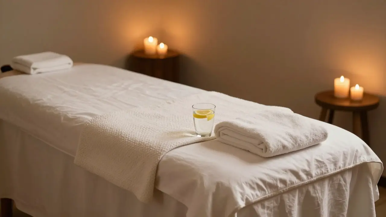 Dimly lit spa room with massage table, blankets, and candles for relaxation
