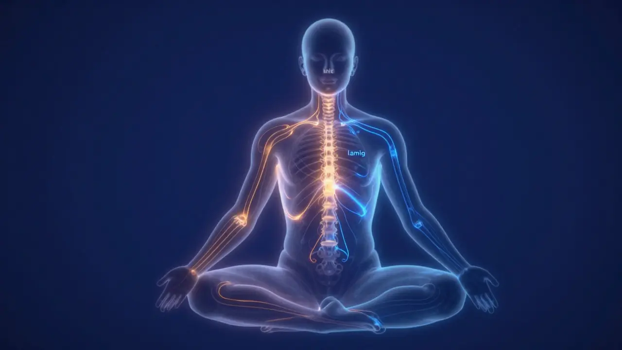 Ethereal illustration of hot and cold energy flowing through body