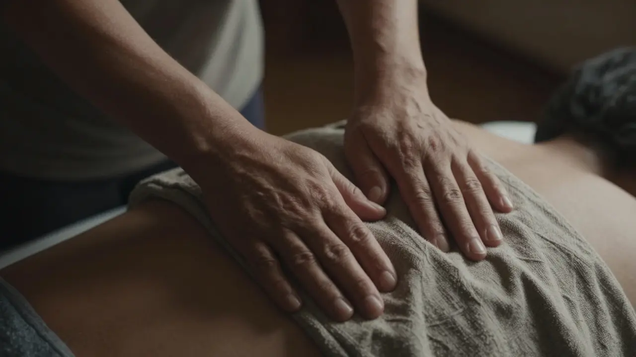 Healer's hands gently adjusting a cloth during a traditional session