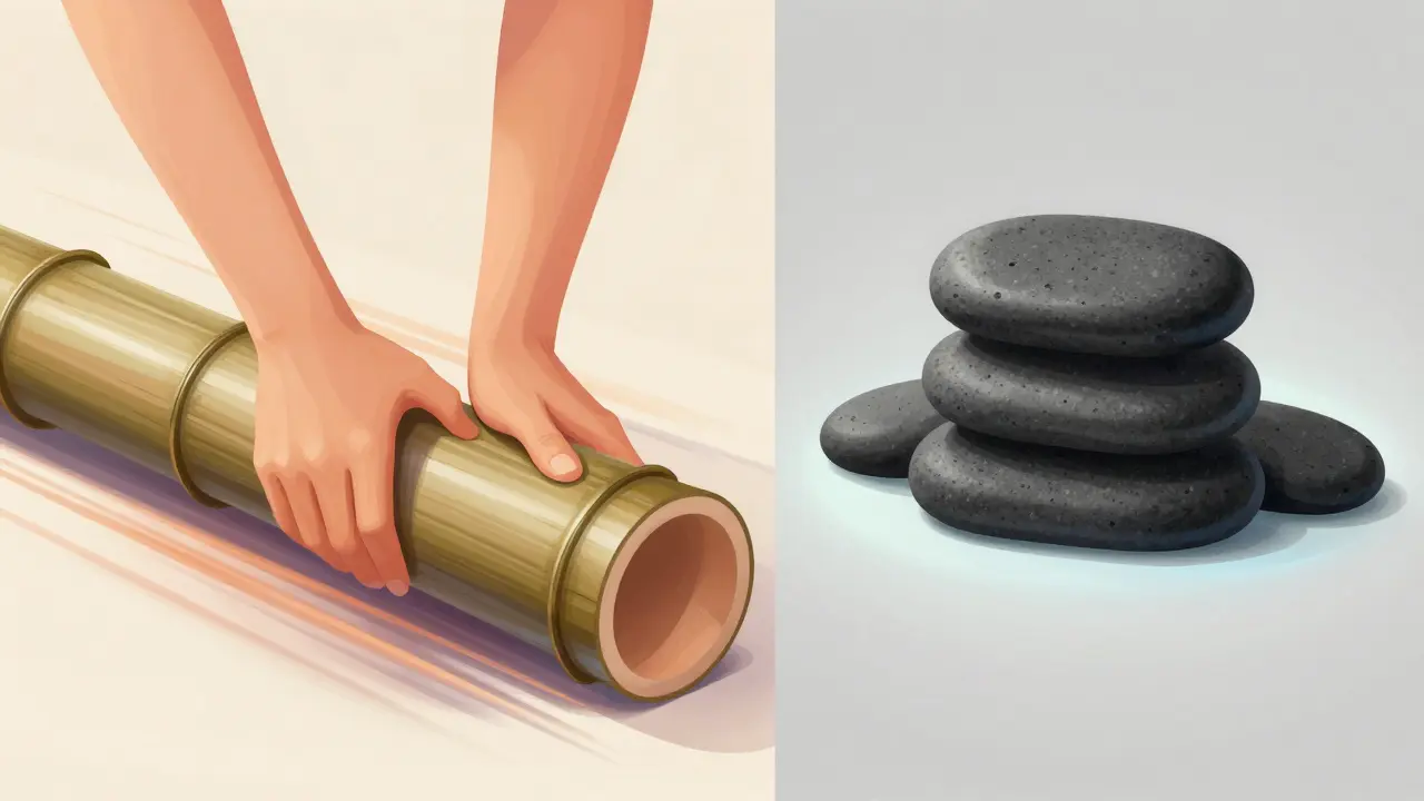 Illustration comparing moving bamboo tools to static hot stones