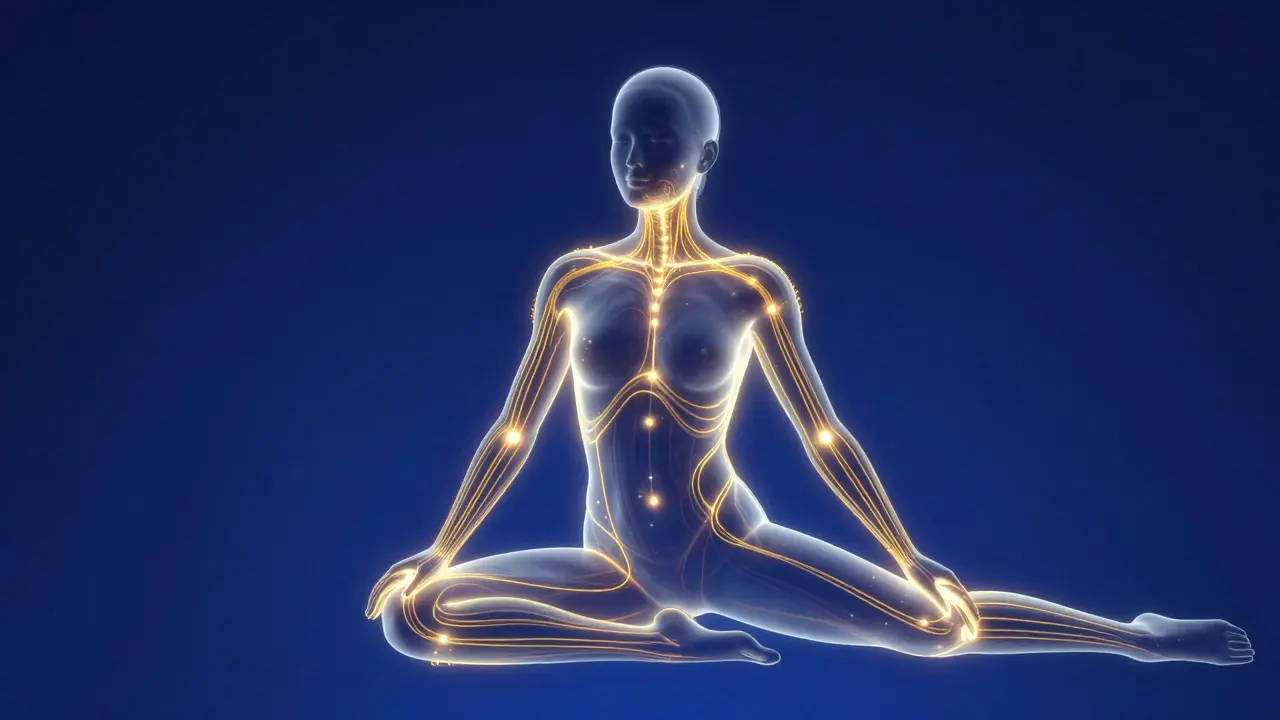 Illustration of glowing energy lines flowing through a stretching figure