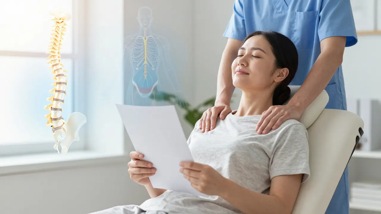 Patient holding treatment plan with anatomical overlays