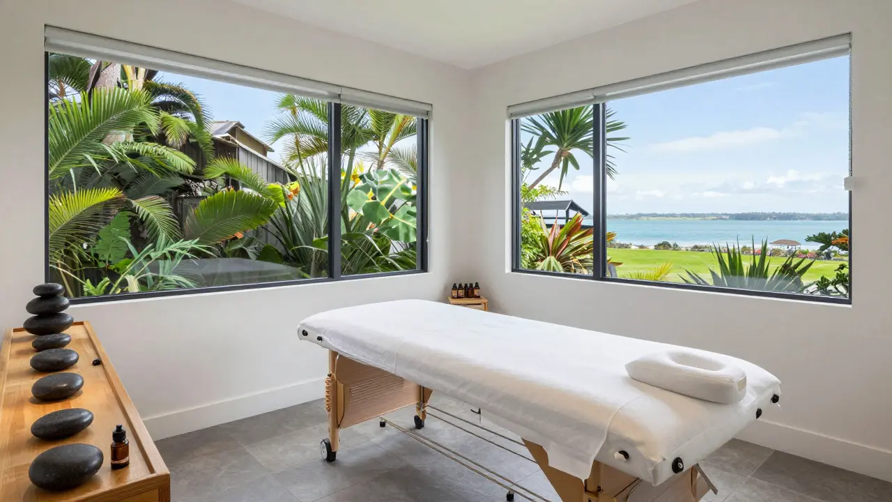 Serene modern treatment room in Auckland with massage table and stone therapy equipment