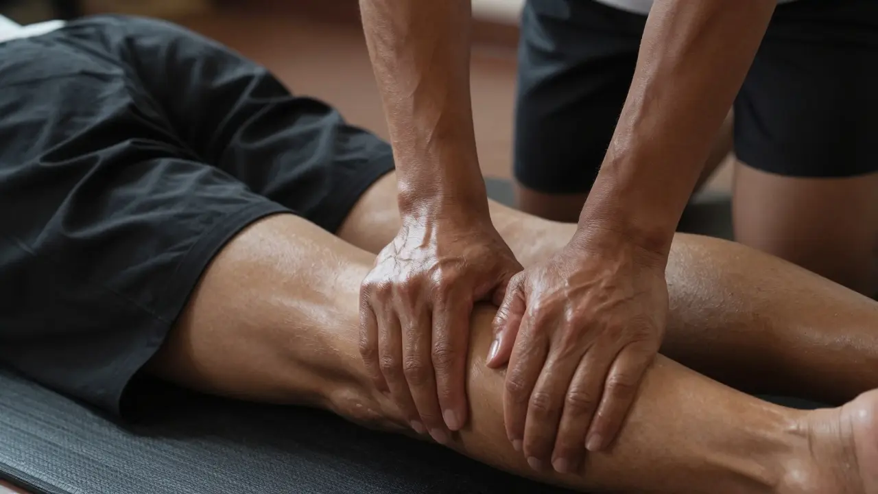 Therapist applying firm pressure to a client's leg during Thai massage