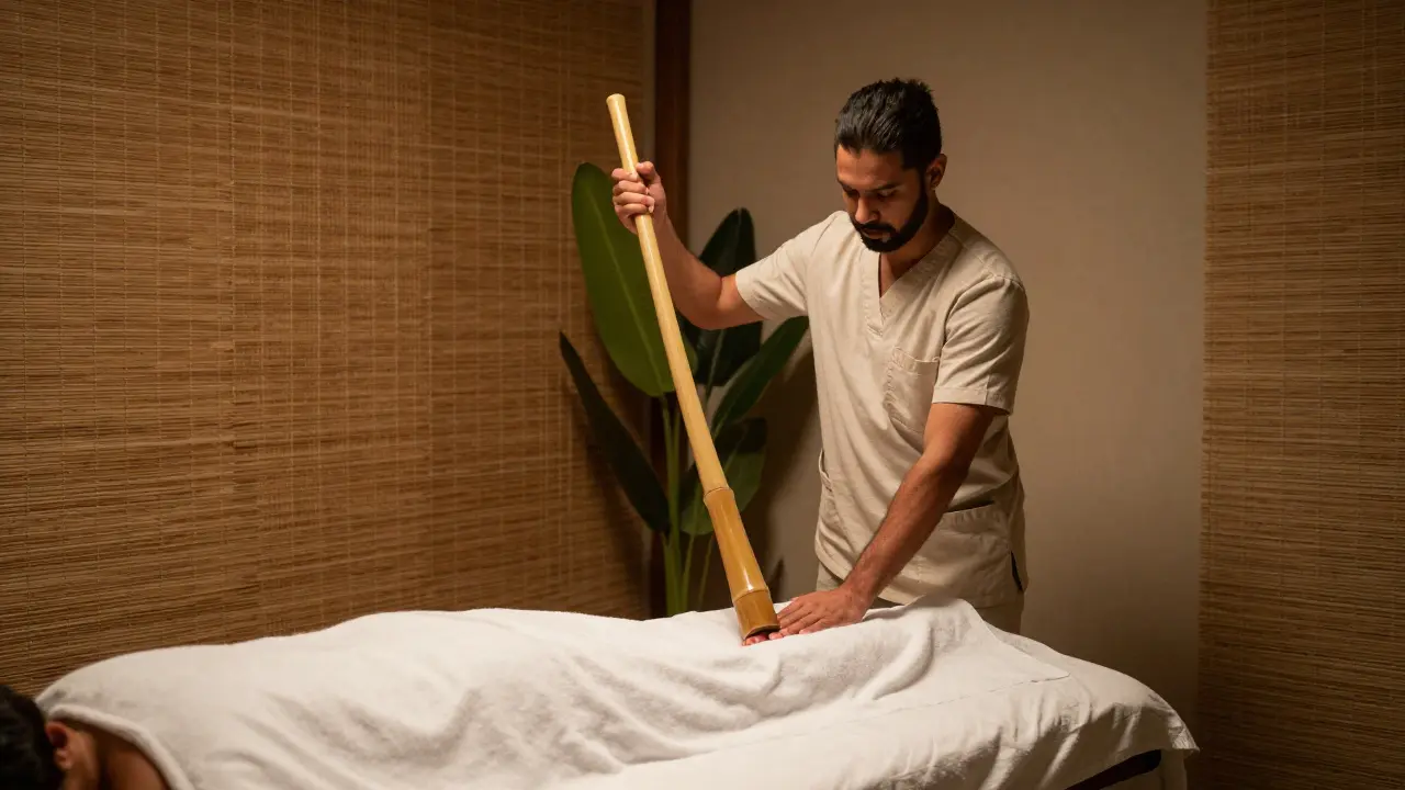Therapist holding a bamboo pole next to a massage table in a spa