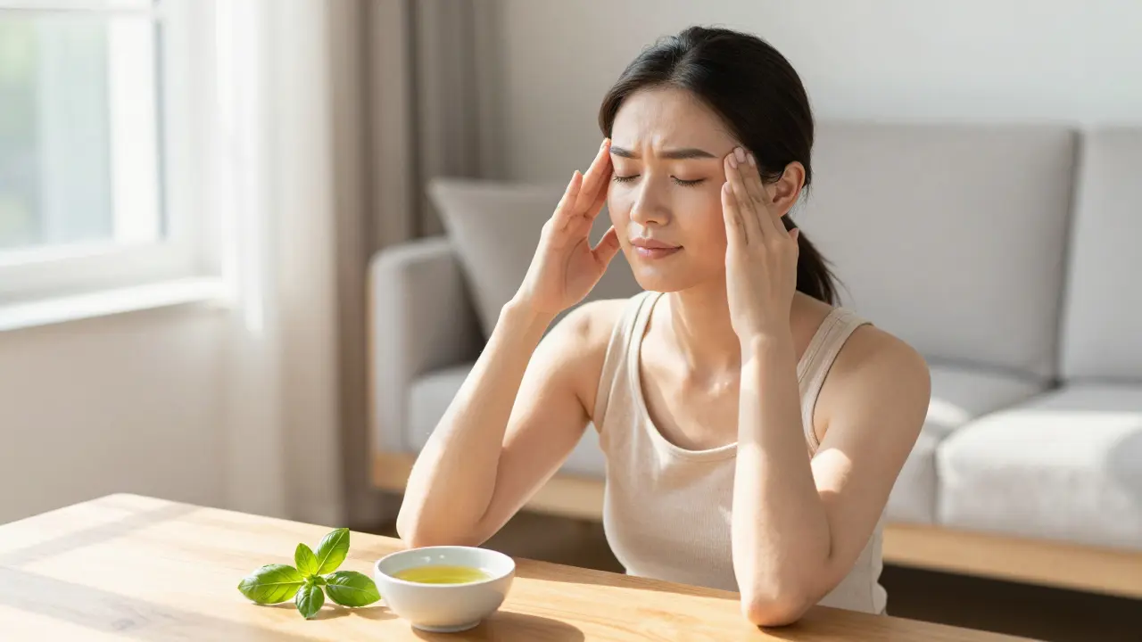 Woman doing self-temple massage at home with oil nearby.