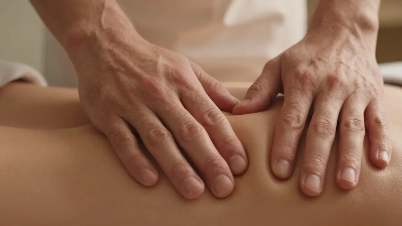 Close-up of hands applying precise pressure to muscle tissue