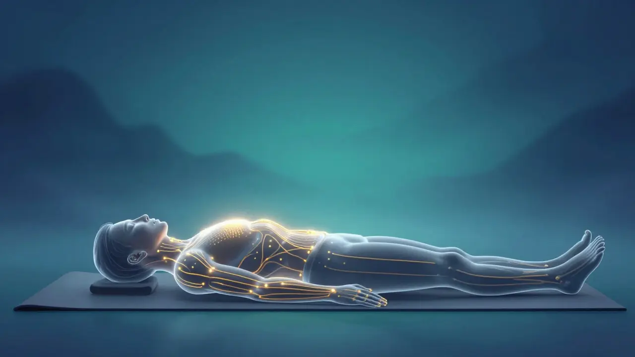 Glowing meridian lines showing energy flow in a relaxed body