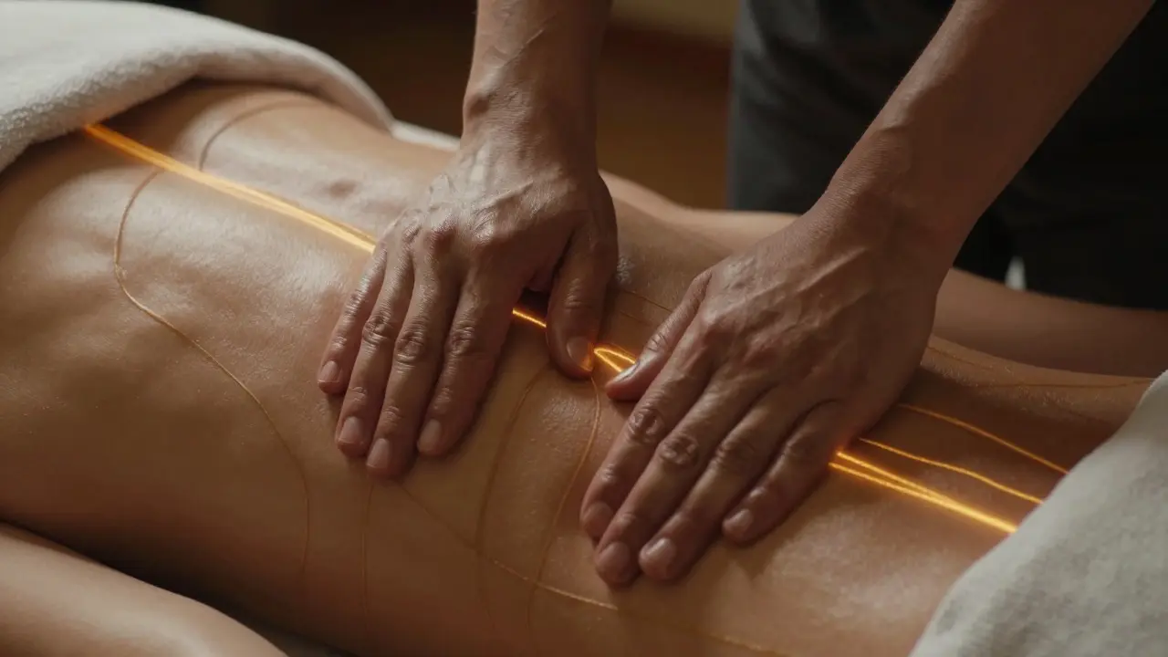 Hands applying pressure to release energy blockages during massage