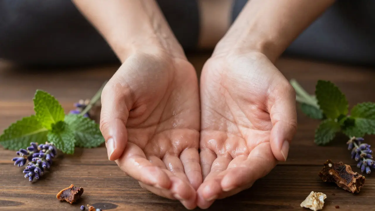 Hands in prayer position with essential oils and fresh herbs on wood