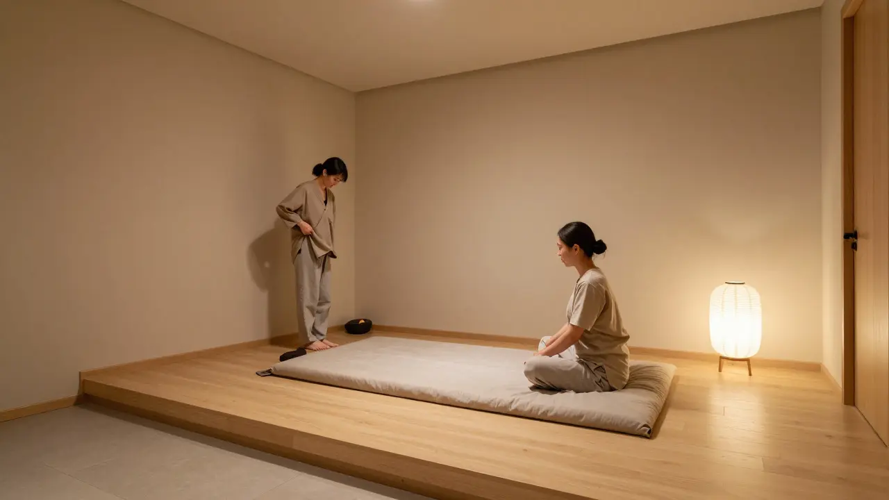 Minimalist Shiatsu room with futon and soft lighting