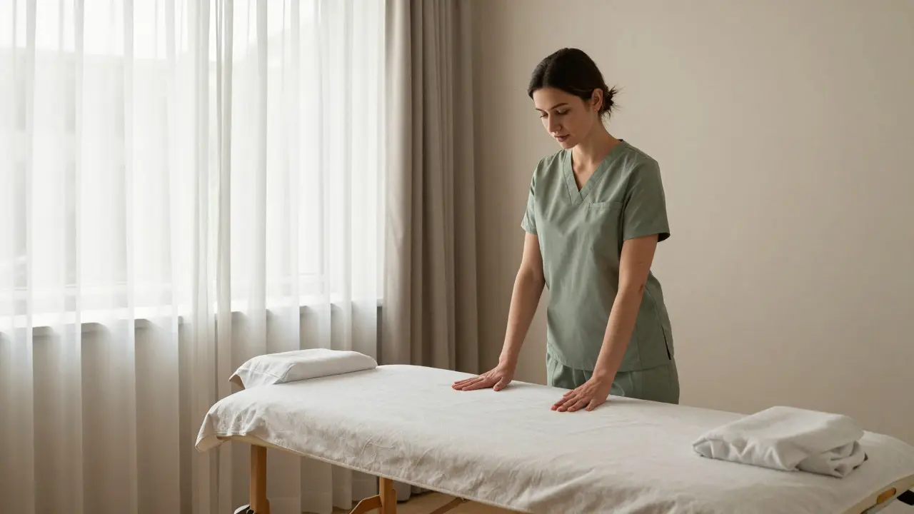 Serene massage room with blind therapist listening attentively