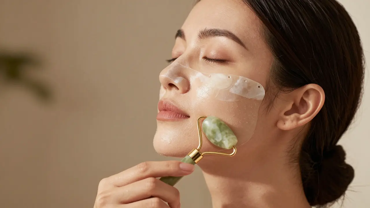 Woman gently massaging her jawline with a jade snail tool
