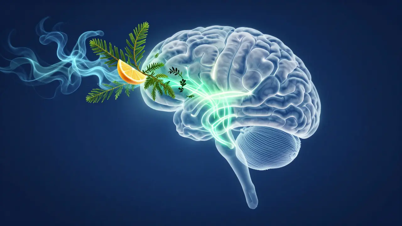 Yoga silhouette connected to glowing brain diagram via aromatic vapors