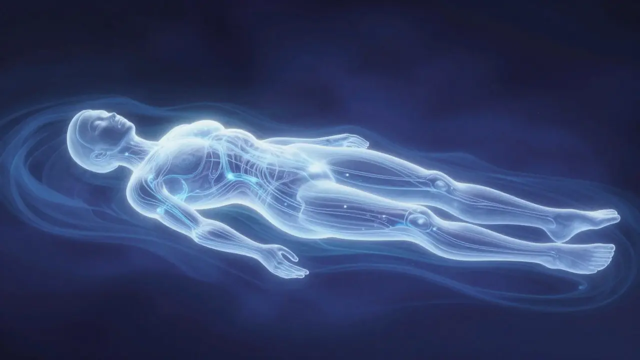 Abstract illustration of glowing energy lines flowing through a human figure