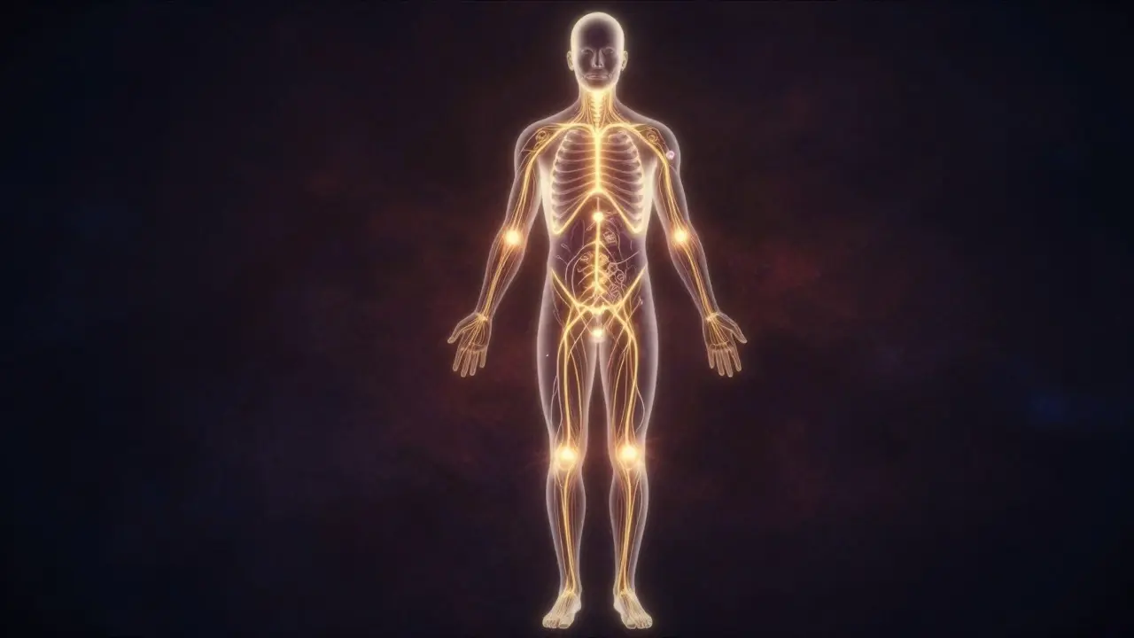 Abstract illustration of glowing meridian lines flowing through a human silhouette