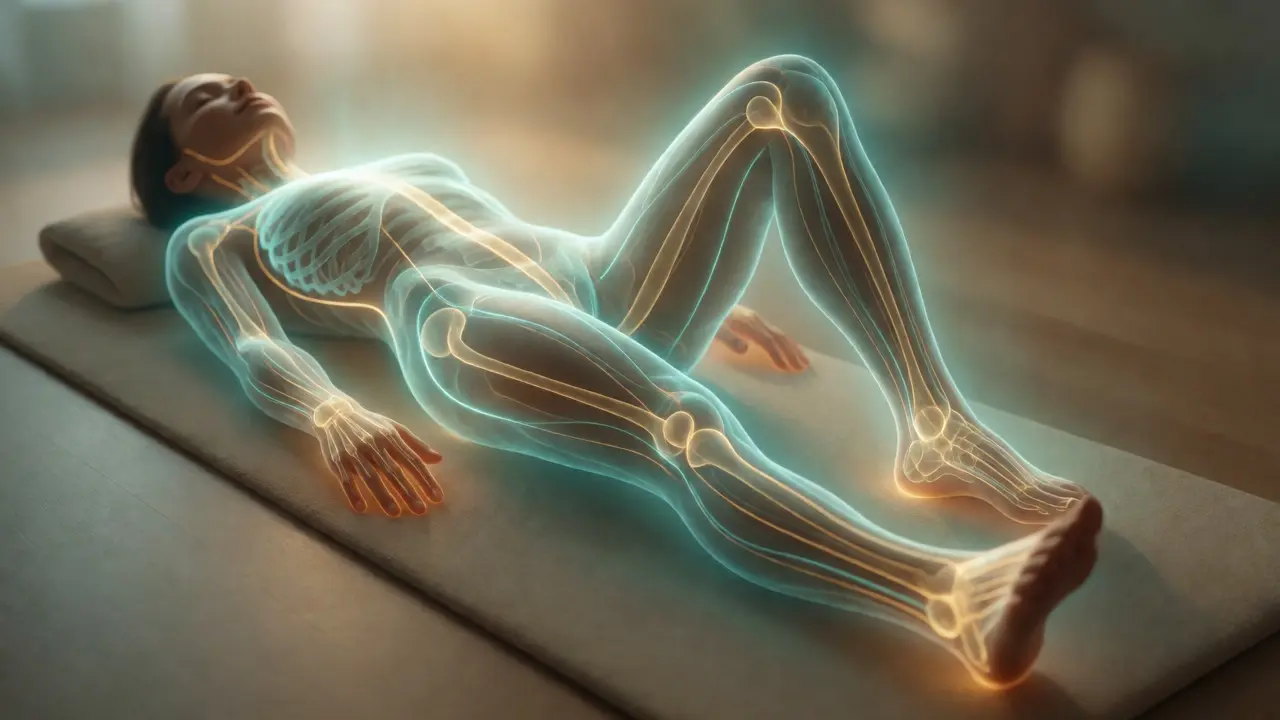 Abstract visualization of energy lines flowing through a relaxed body