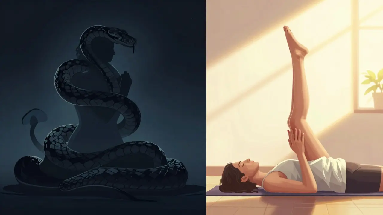 Artistic contrast between exotic snake therapy and yoga pose