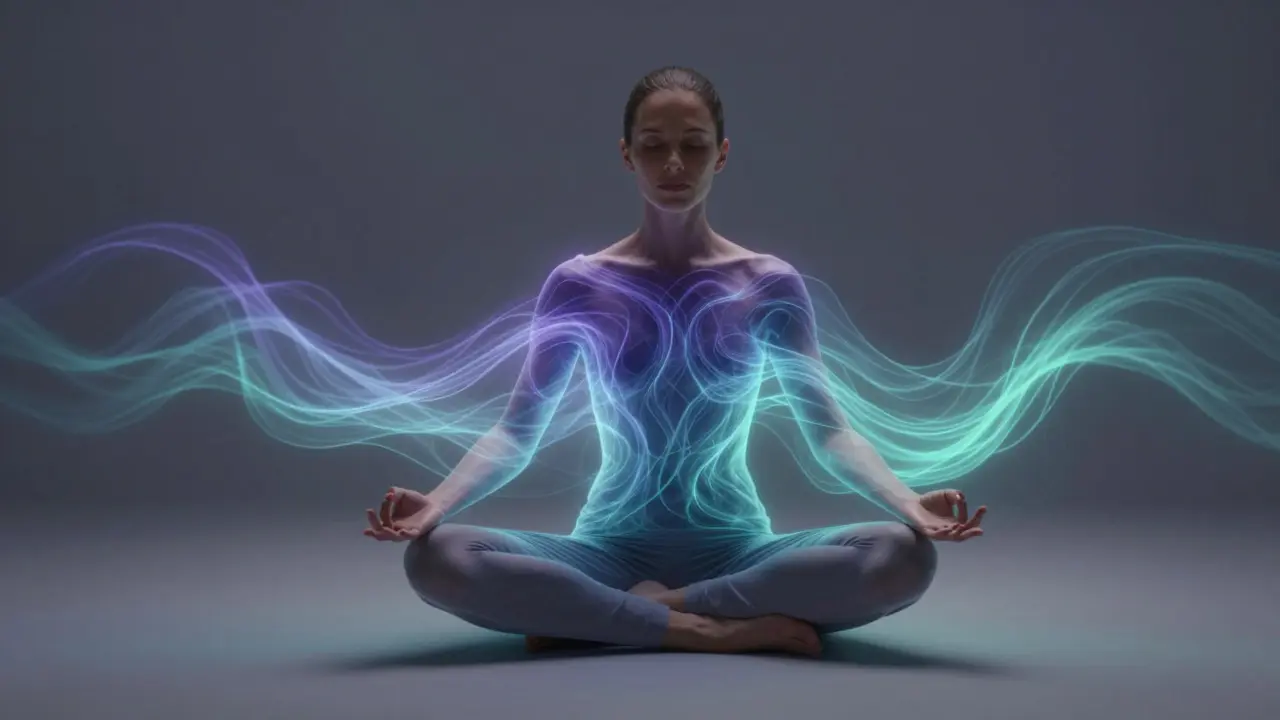 Artistic depiction of glowing energy fields surrounding a meditating figure during holistic bodywork.
