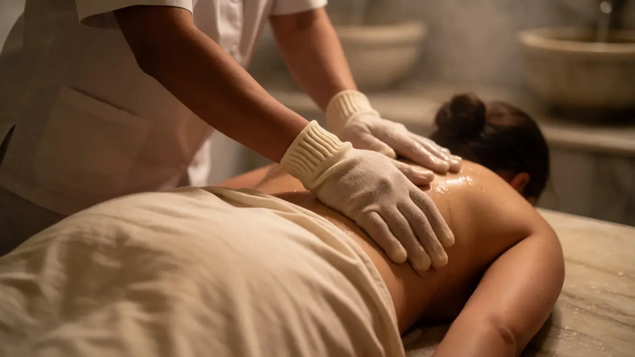 Attendant performing Kese exfoliation scrub on a client's back in a hammam
