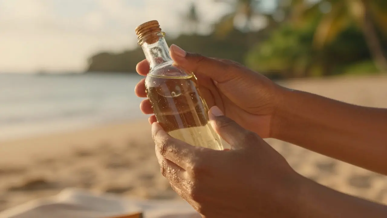 Close-up of hands holding coconut oil with tropical background, emphasizing ritual preparation.