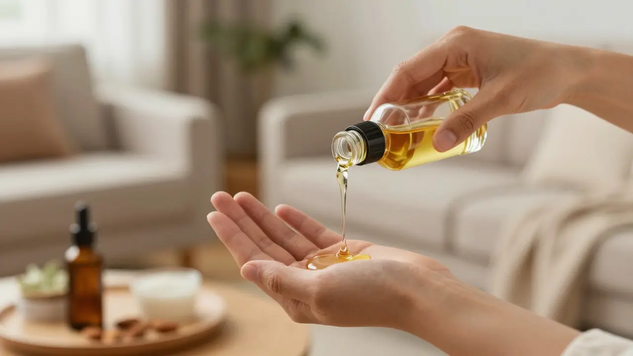 Hands pouring warm almond oil for home relaxation ritual