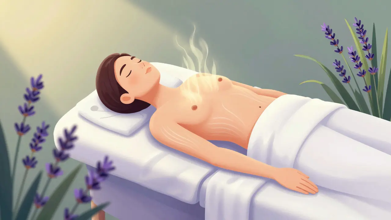 Illustration of a relaxed person on a massage table with herbs and energy light rays.