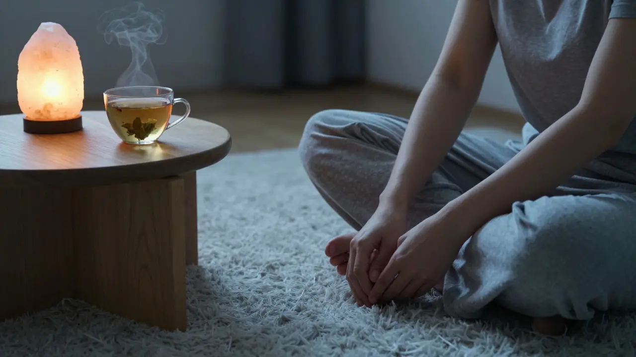 Person massaging own feet at home for relaxation